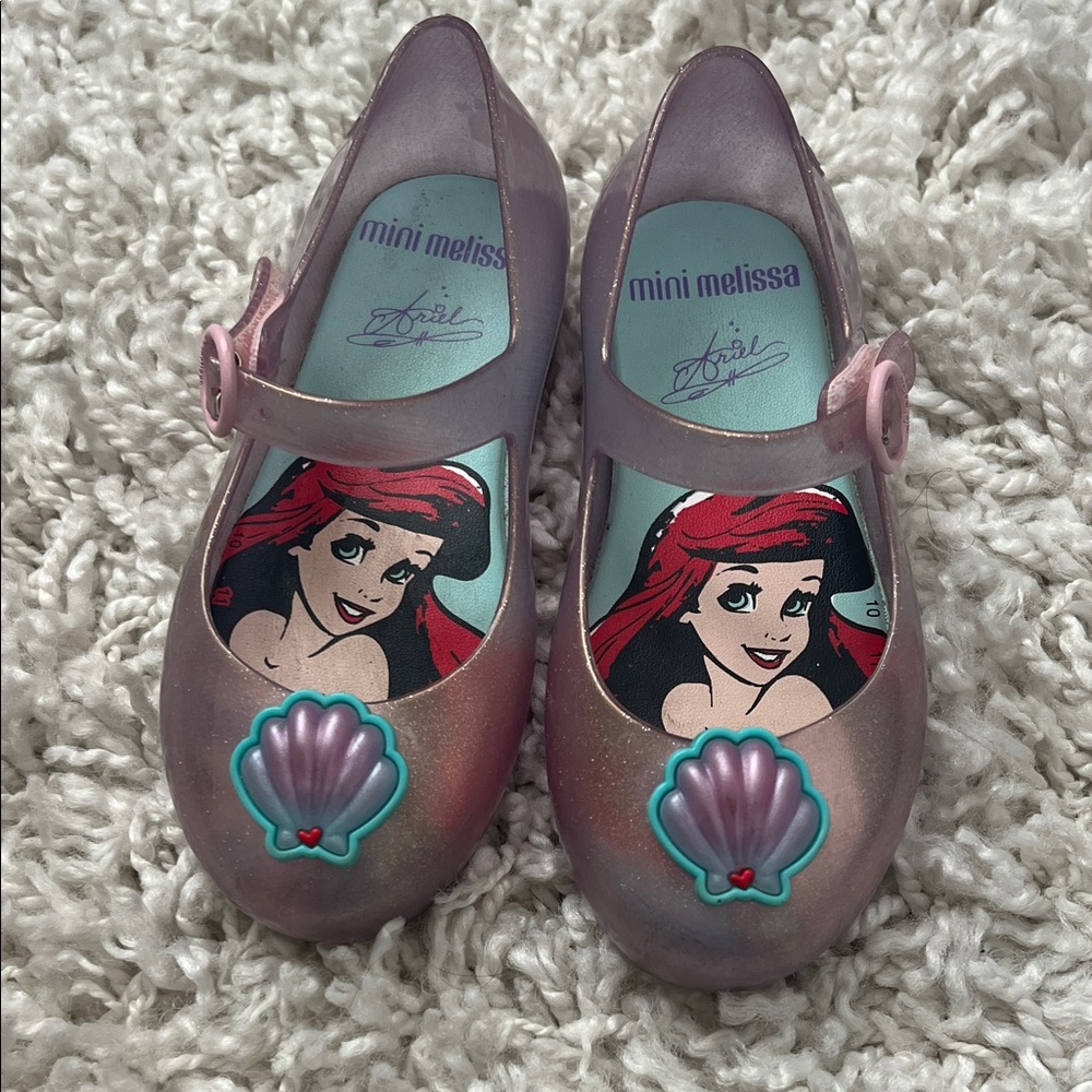 Kids Mini Melissa Pink Glitter Jelly Mary Janes with Ariel Shell Charm size 10